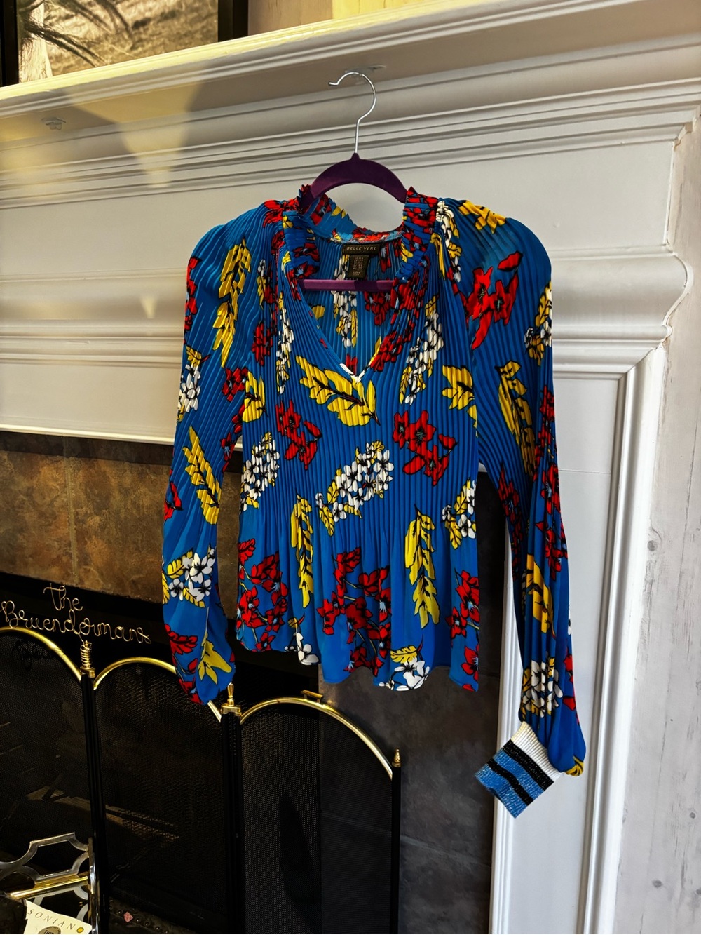 Vibrant Blue Floral Pleated V-Neck Blouse